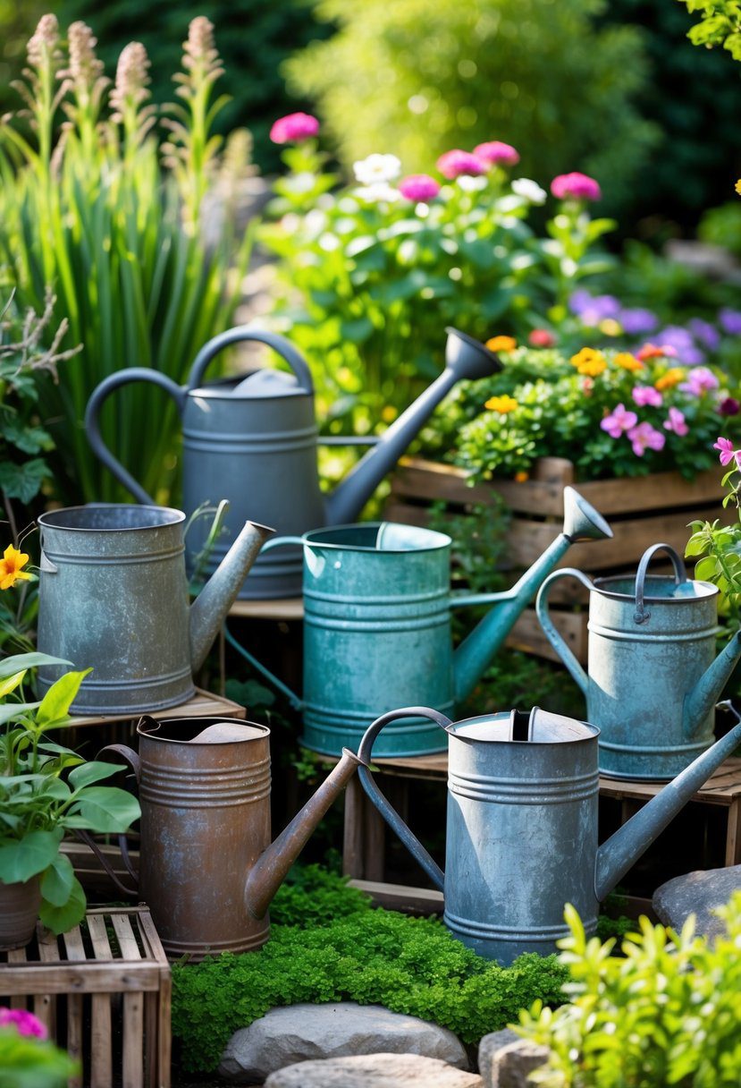 A collection of vintage watering cans arranged among plants and flowers in a garden.