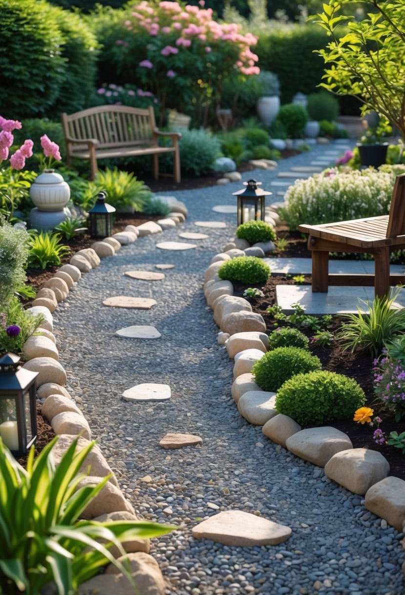 A garden with winding gravel pathways surrounded by plants, flowers, benches, and decorative garden ornaments.