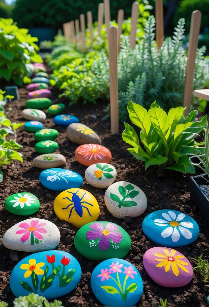 Colorful painted rock markers placed among plants in a garden bed.
