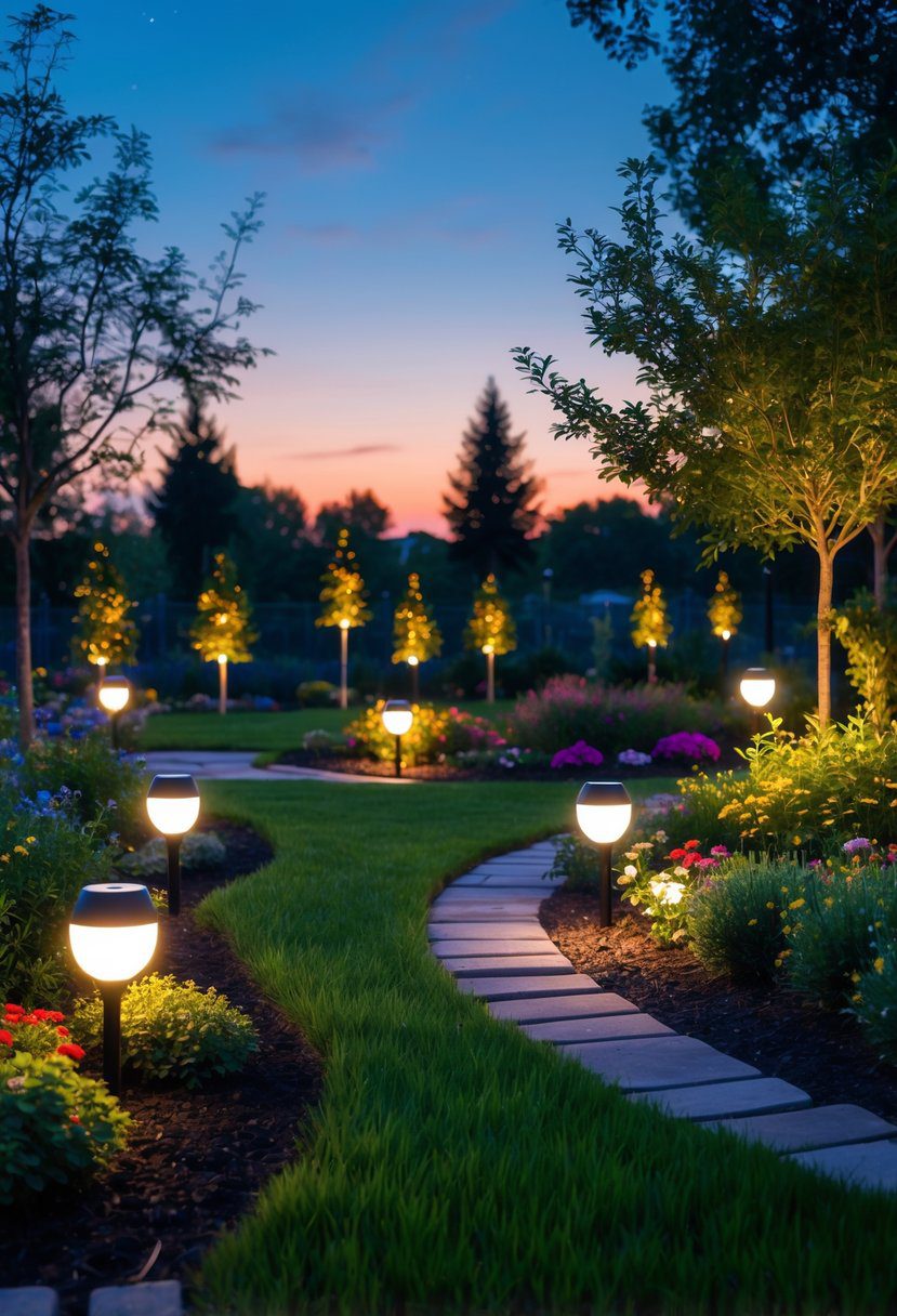 A garden at dusk illuminated by various solar-powered lights highlighting plants, pathways, and decorative features.