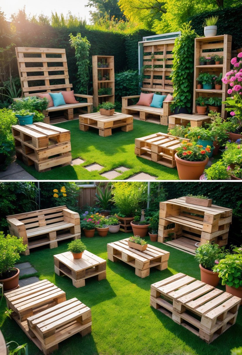 Outdoor garden with various upcycled wooden pallet furniture pieces and decorations surrounded by plants and flowers.