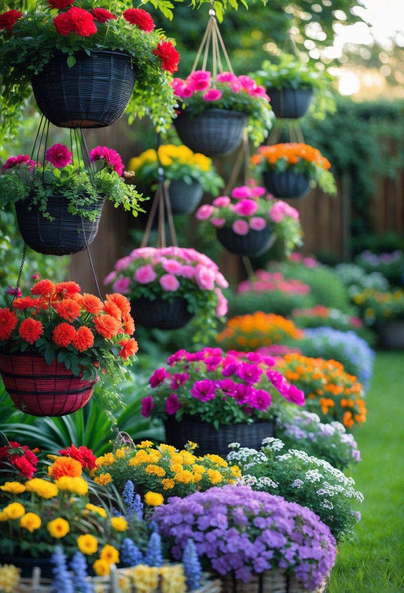 A garden scene with fifteen colorful hanging flower baskets filled with blooming flowers in various bright colors.
