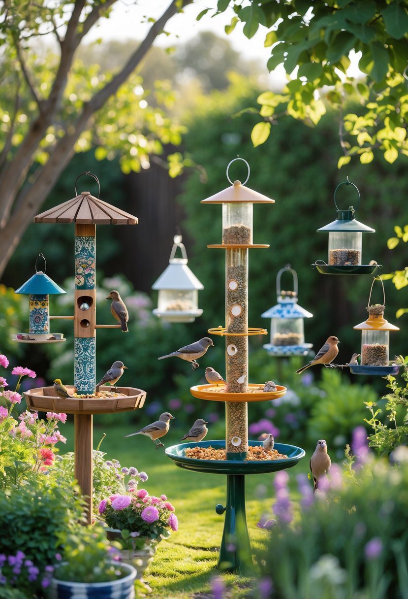 A garden with 15 different decorative bird feeders surrounded by flowers and greenery, with small birds perched on some of the feeders.