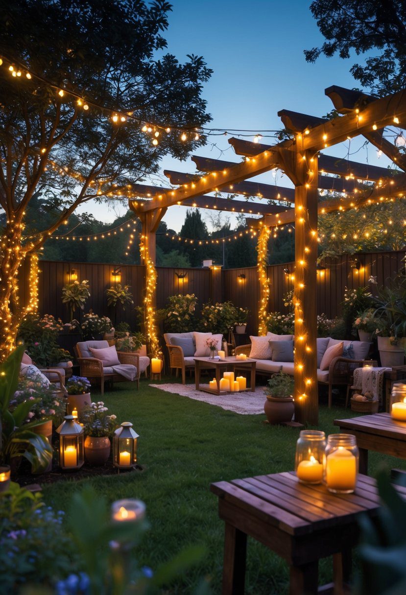 An outdoor garden at dusk decorated with glowing string lights hanging over plants, seating areas, and wooden tables.