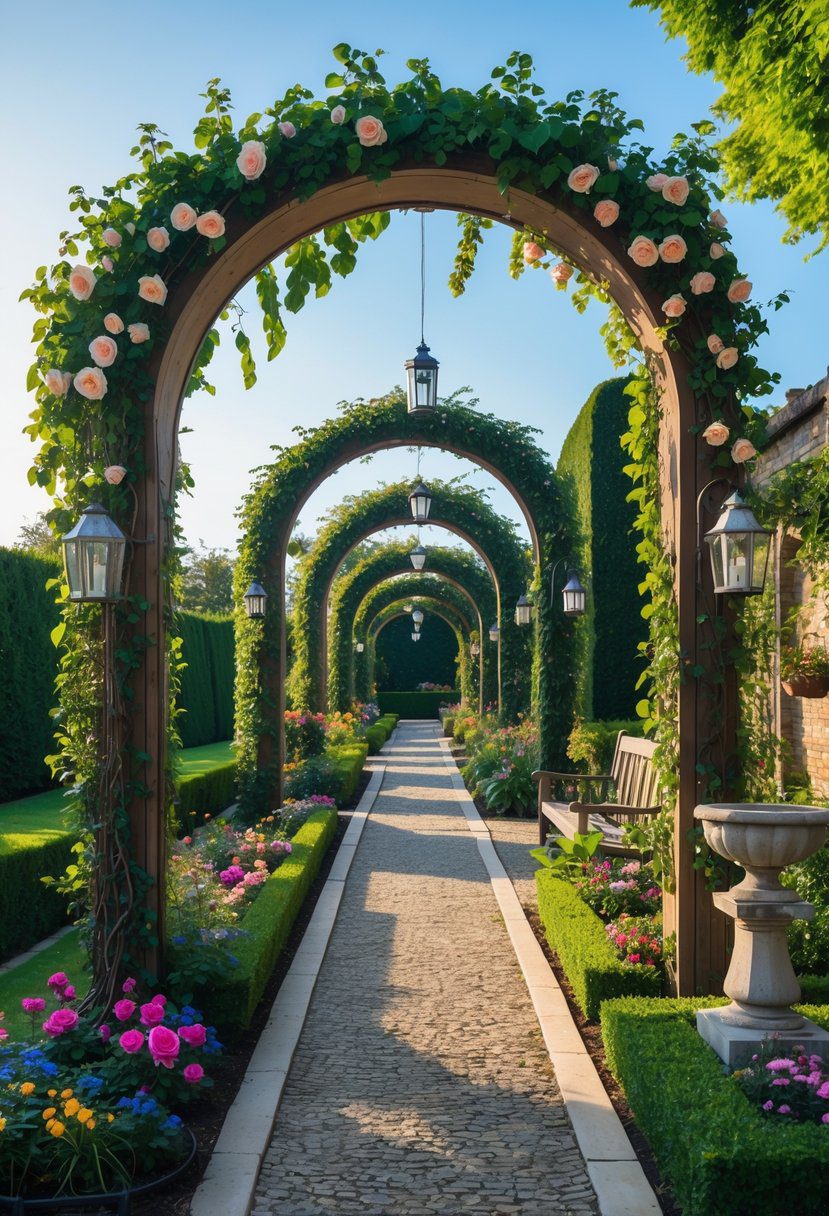 A garden pathway lined with decorative arches covered in climbing flowers and surrounded by various garden decorations.