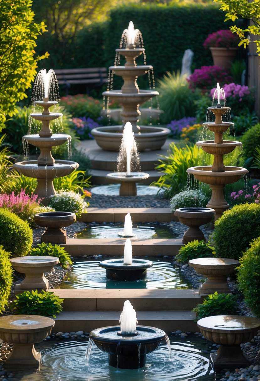 A garden with 15 different water feature fountains surrounded by plants, flowers, and stone pathways.