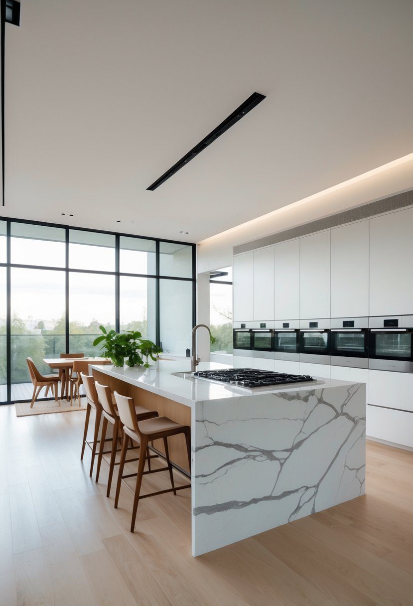 A bright open kitchen with a central island, dining table, white cabinets, and large windows letting in natural light.