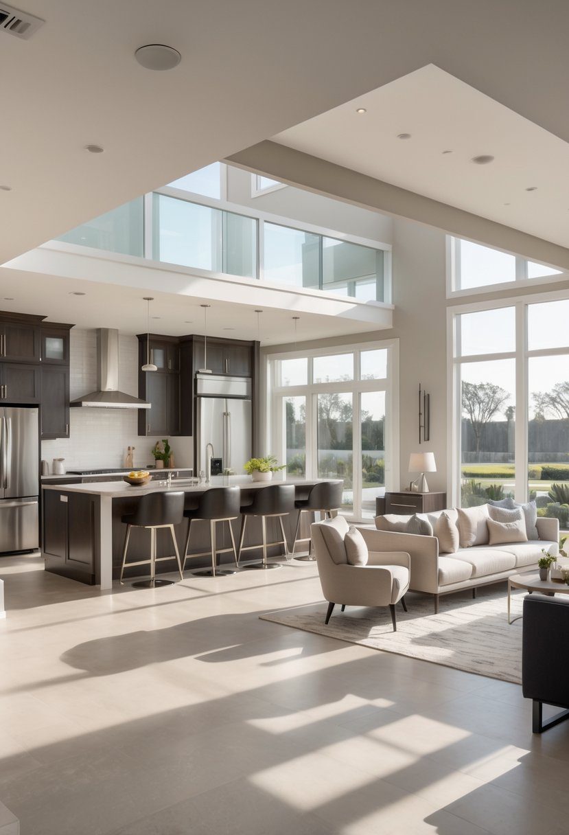 A spacious open interior showing a kitchen with an island, a dining table, and a living area with seating arranged together in one connected space.