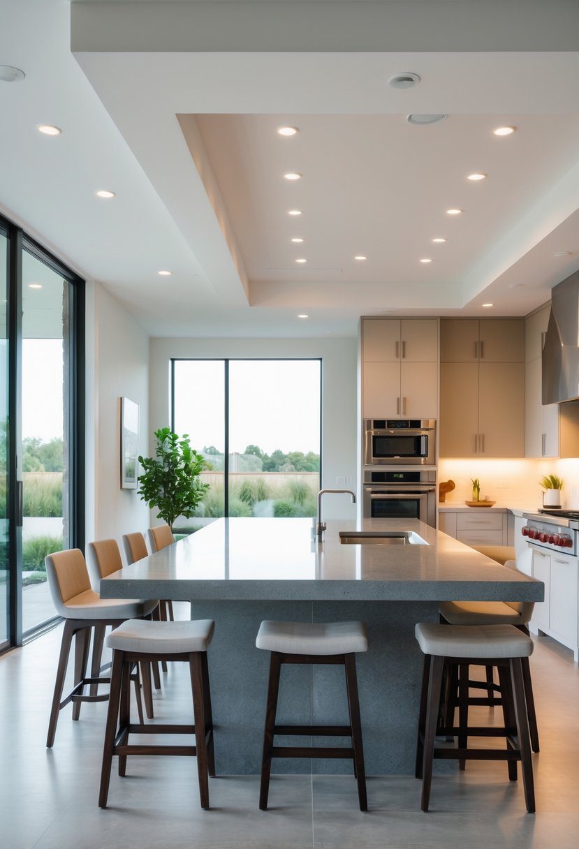 A large kitchen island with seating in an open kitchen layout designed for social interaction.