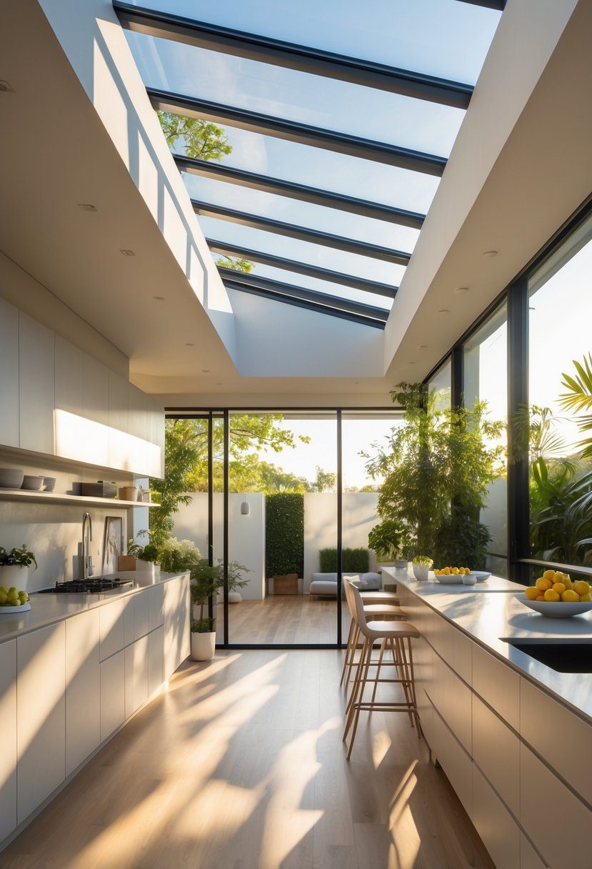 A bright open kitchen with large windows and skylights letting in natural light, featuring a central island and modern furnishings.