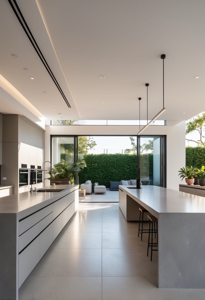 A spacious open kitchen with a long seamless countertop extending across the kitchen and island, featuring modern appliances and natural light.