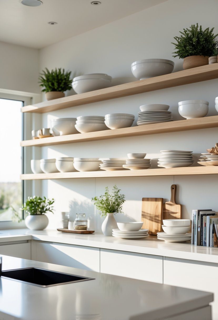 A modern kitchen with open shelves displaying dishes and decorative items.