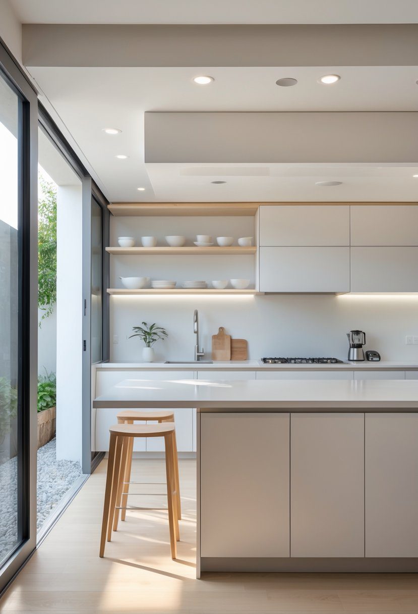 A bright and spacious kitchen with minimal upper cabinets and open shelving, featuring a central island and large windows letting in natural light.