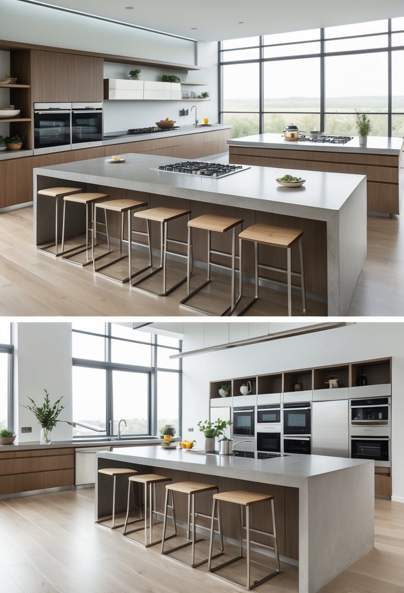 A spacious open kitchen with multiple kitchen islands featuring storage cabinets and built-in appliances.
