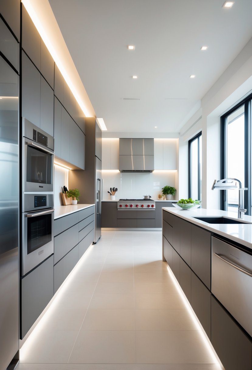 Open kitchen with integrated appliances built into cabinetry and a large central island.