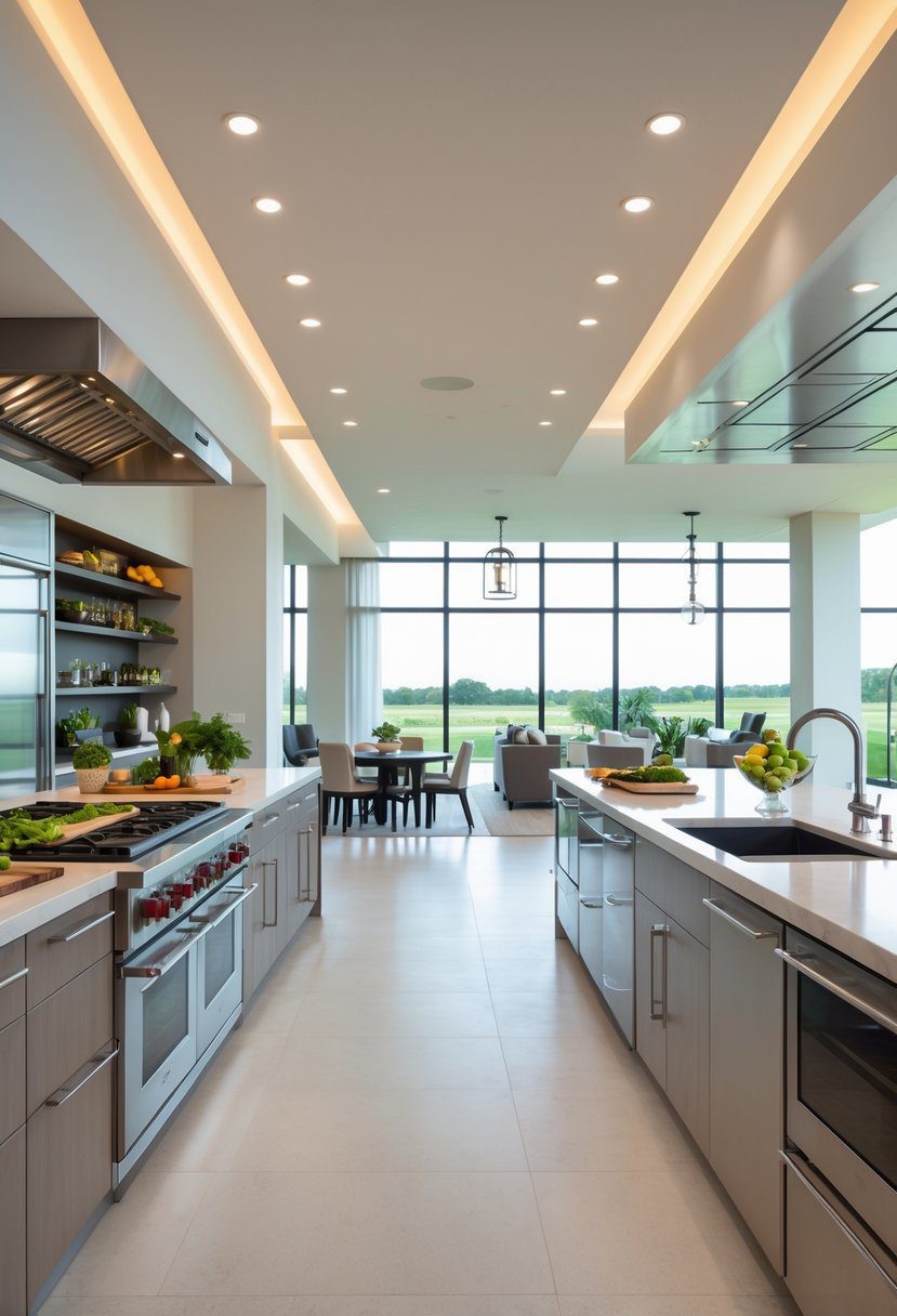 A spacious open kitchen with separate areas for cooking, food preparation, and entertaining guests.