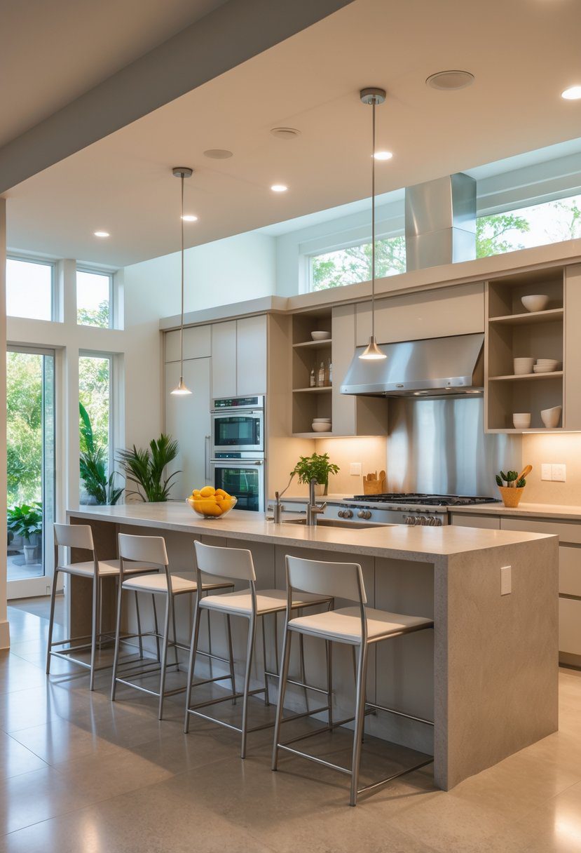 An open kitchen with a breakfast bar featuring stools, modern cabinets, and stainless steel appliances.