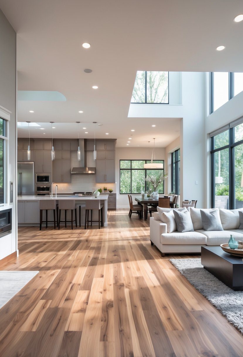 Open kitchen and living area with consistent hardwood flooring connecting both spaces.