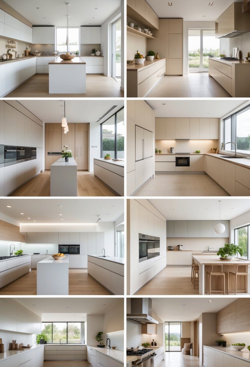 A bright and spacious open kitchen with neutral-colored cabinets, countertops, and natural light filling the room.