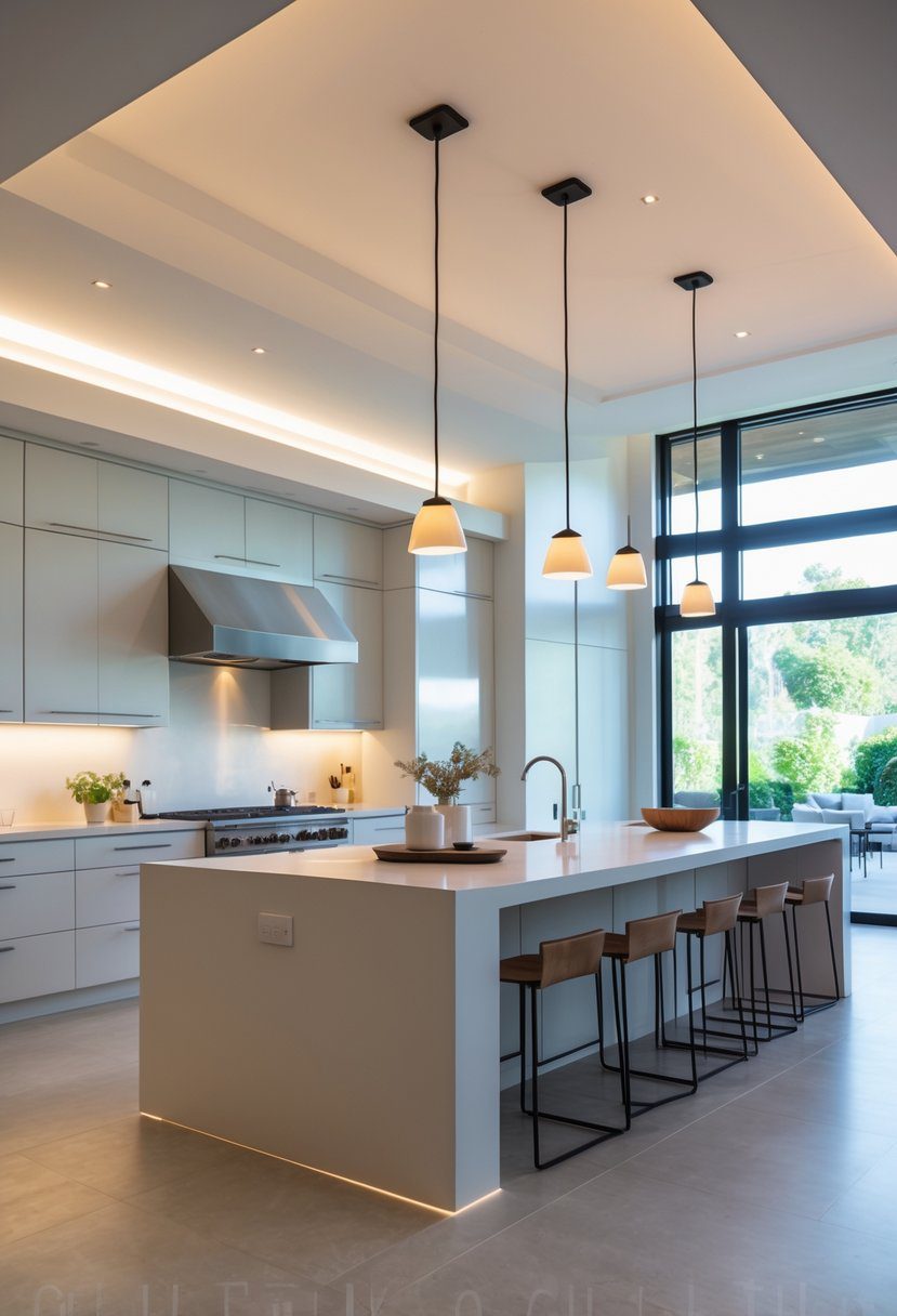 An open kitchen with a large island lit by pendant lights hanging above it.