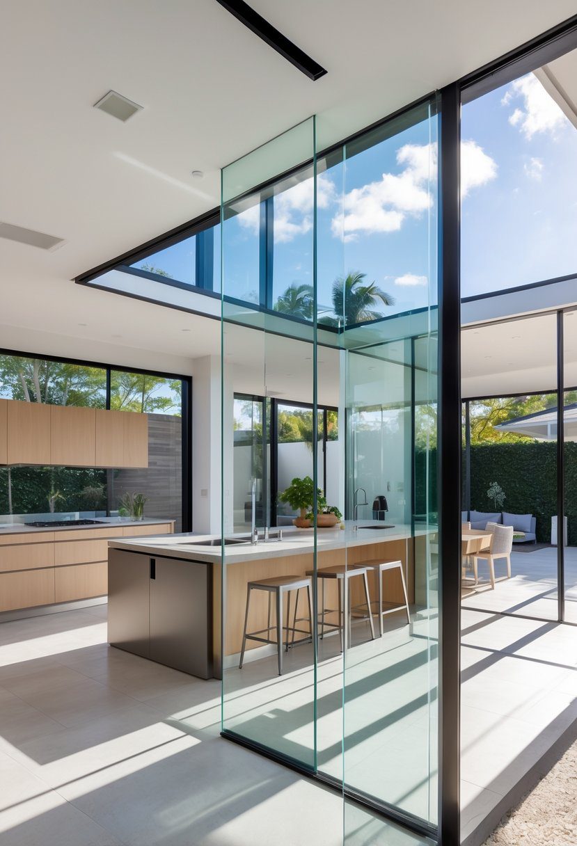 A bright open kitchen with glass partitions separating it from adjacent living spaces, featuring modern cabinetry and a large island.