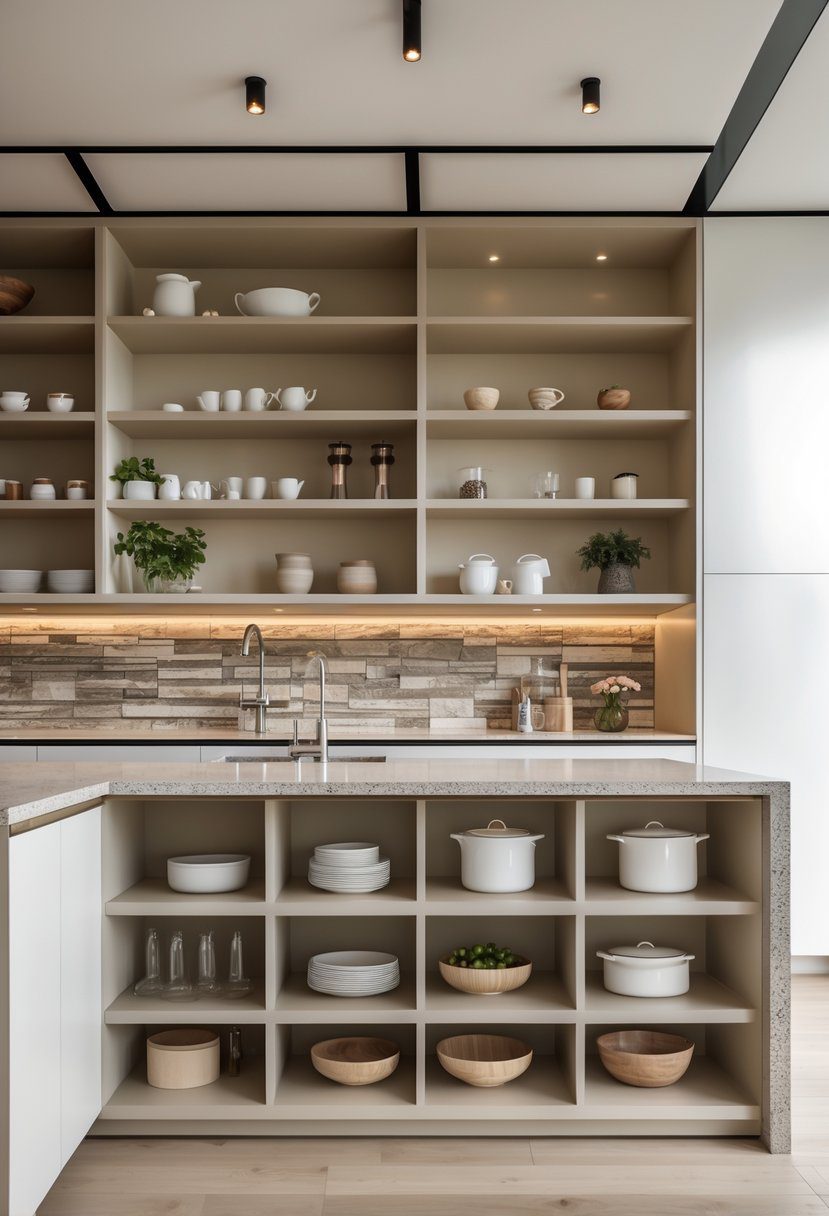 An open kitchen with 18 open shelves and a textured backsplash, featuring clean countertops and neatly arranged kitchen items.