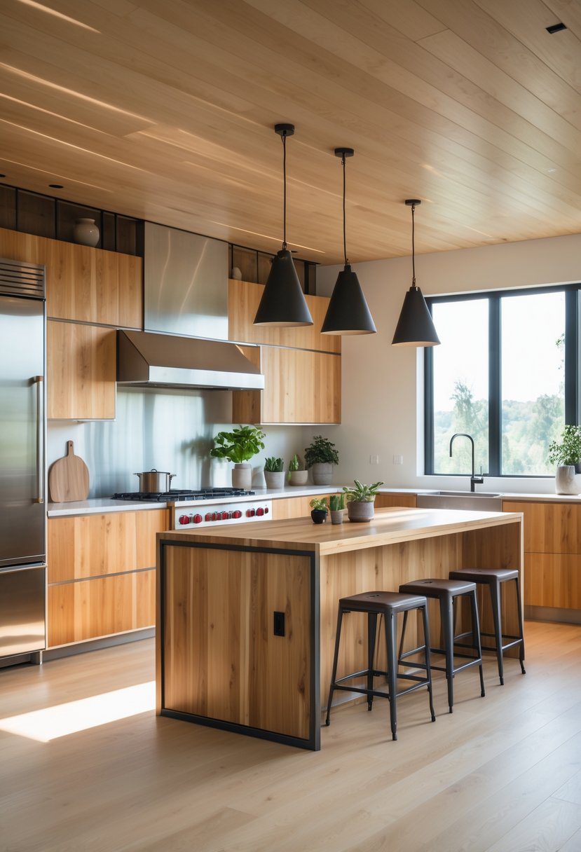 An open kitchen with wood cabinets, metal appliances, a wooden island, and bar stools under natural light.