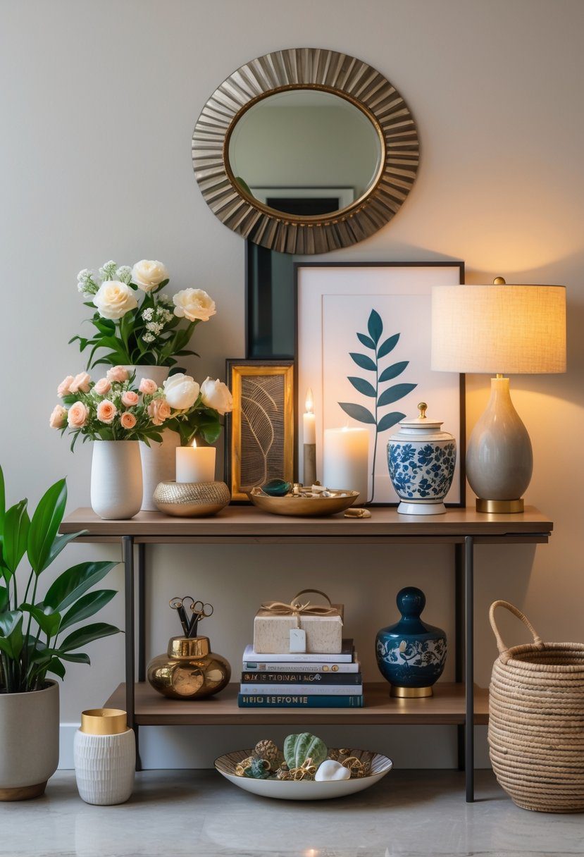 An entryway table decorated with sixteen various decor items including plants, vases, candles, books, and a mirror above the table.