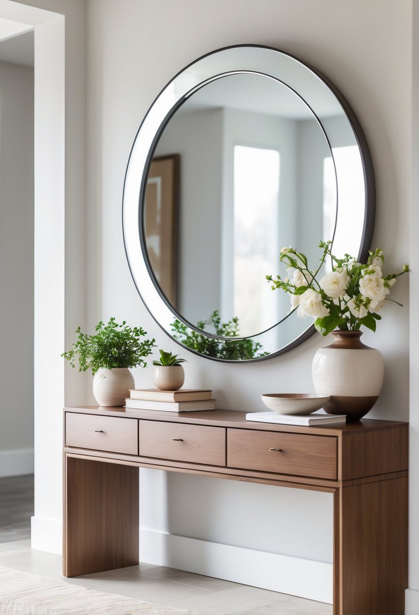 Entryway with a large round wall mirror above a wooden table decorated with plants, books, and a vase.