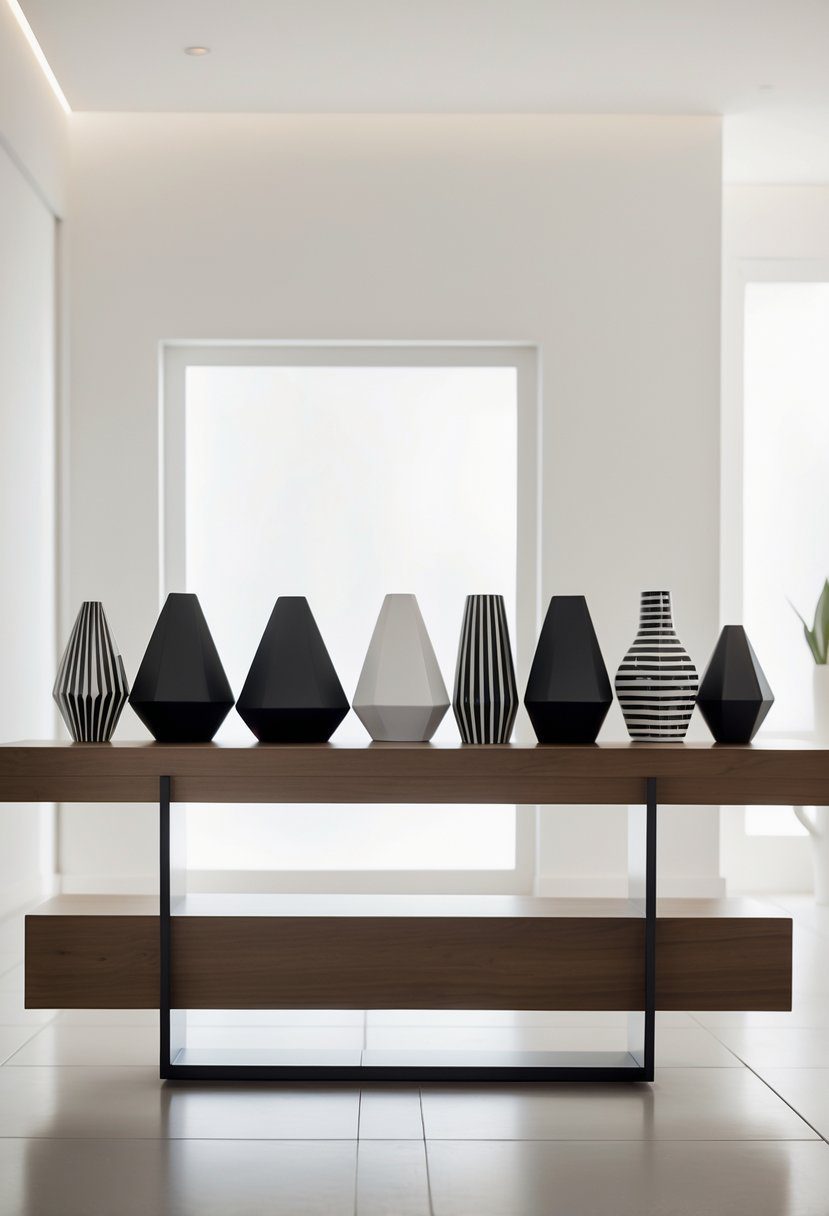 An entryway table with sixteen black and white geometric vases arranged on top in a bright room.