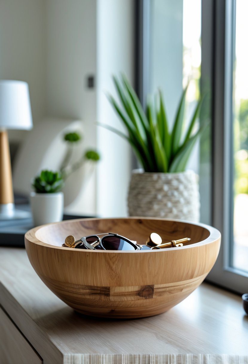 A natural wooden bowl holding keys and small items on an entryway table with a plant and lamp nearby.
