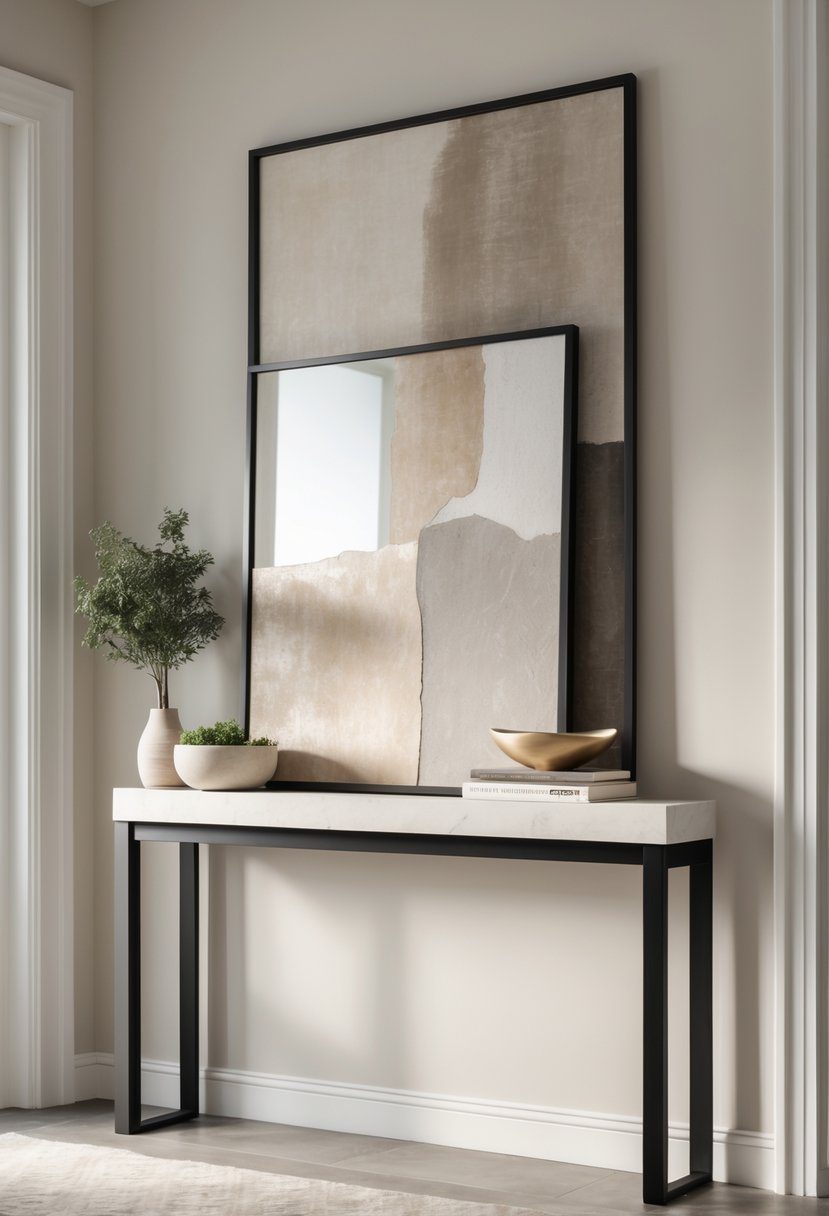 An entryway table with a mirror and a framed abstract art piece layered in front of it, decorated with a small plant, bowl, and books.