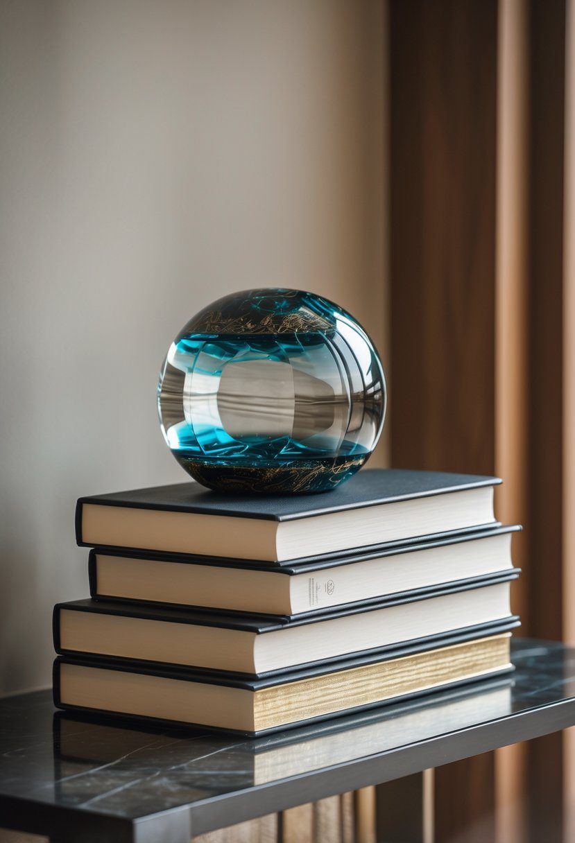 A stack of hardcover books with a decorative paperweight on top on an entryway table.