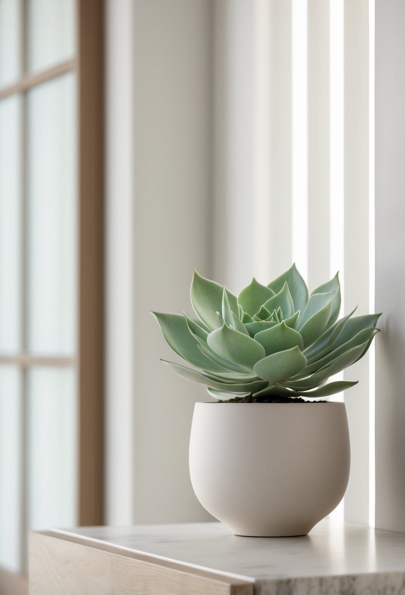 An entryway table with a small potted succulent plant adding natural greenery.