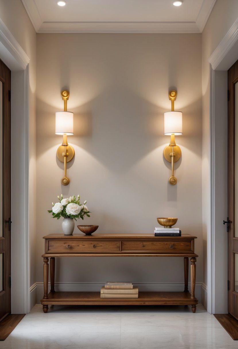 An entryway table with gold wall sconces on either side, decorated with flowers, a bowl, and books.