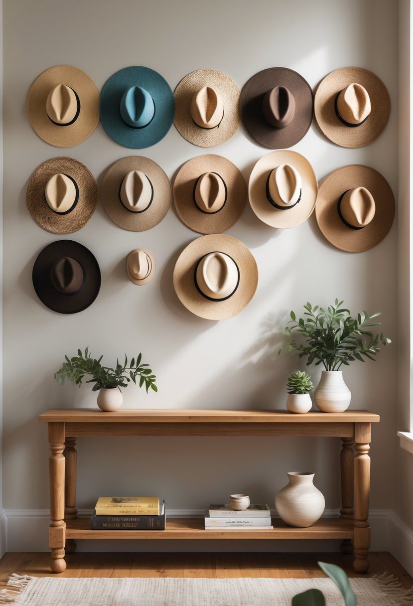 A collection of decorative hats hanging on wall hooks above a wooden entryway table with small decor items.