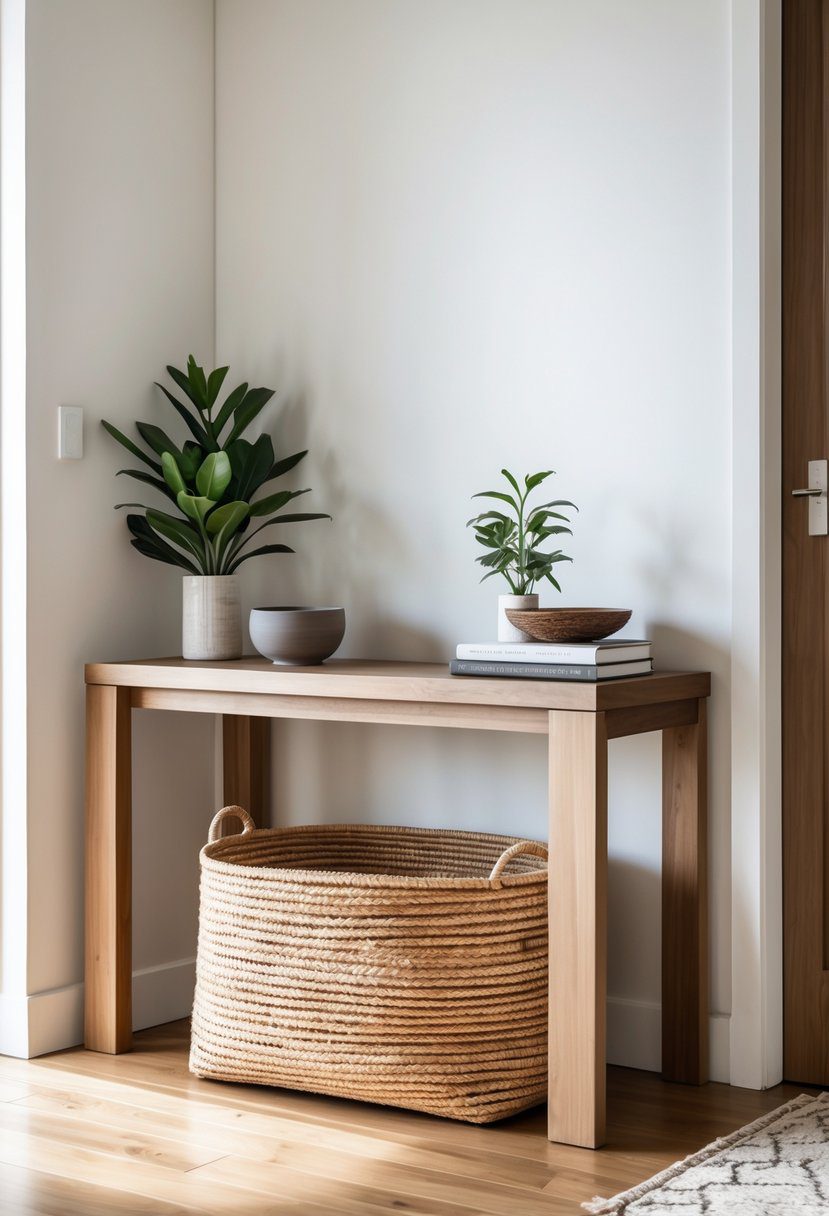 Entryway table with a woven basket underneath and decorative items on top.
