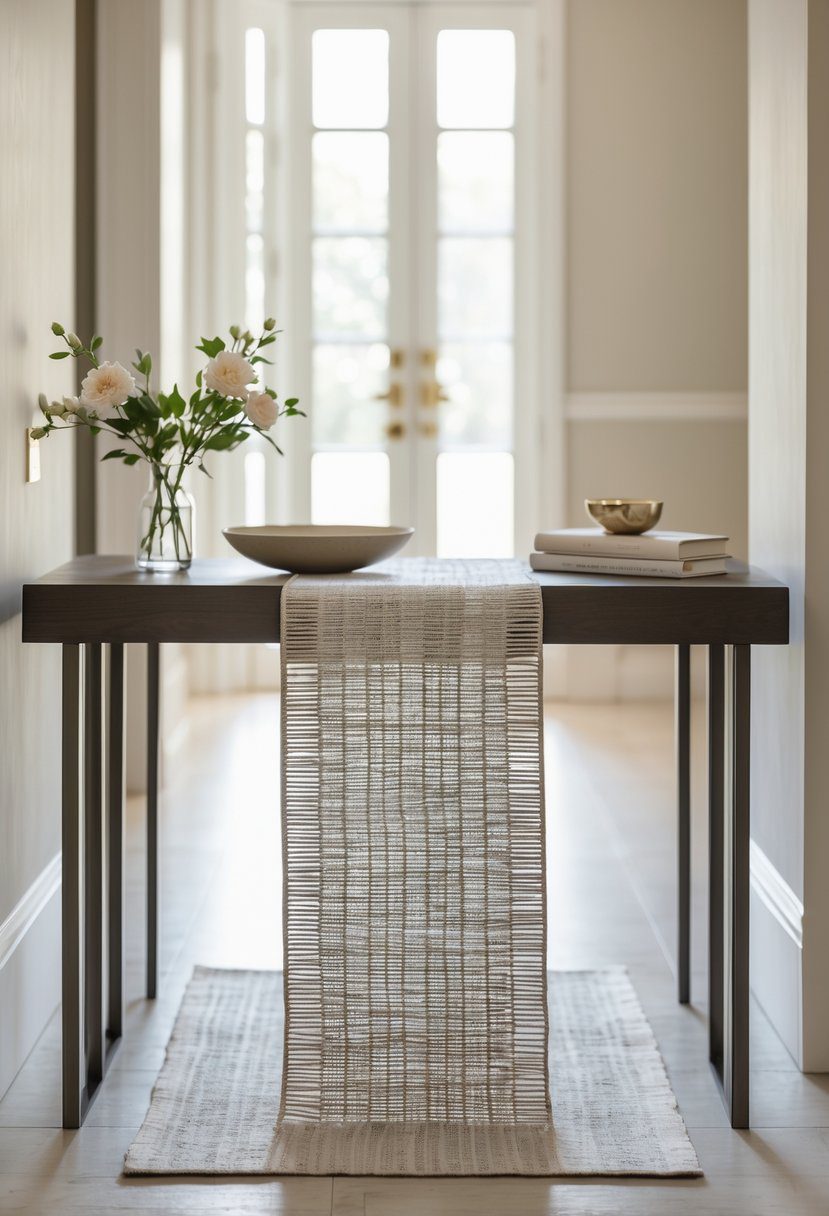 Entryway table with a slim patterned runner and simple decorative items in a well-lit space.