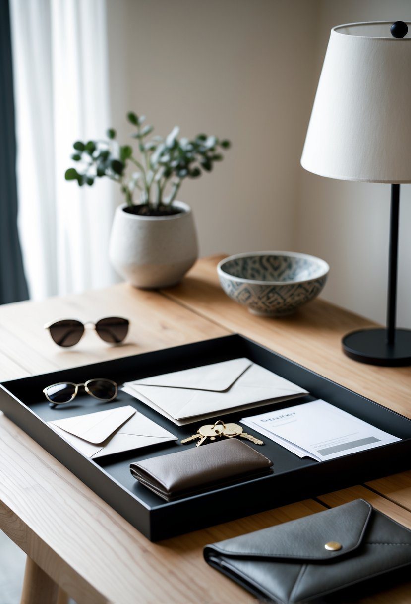 An entryway table with a rectangular tray organizing mail, keys, wallet, and sunglasses, along with a small plant and lamp on the table.