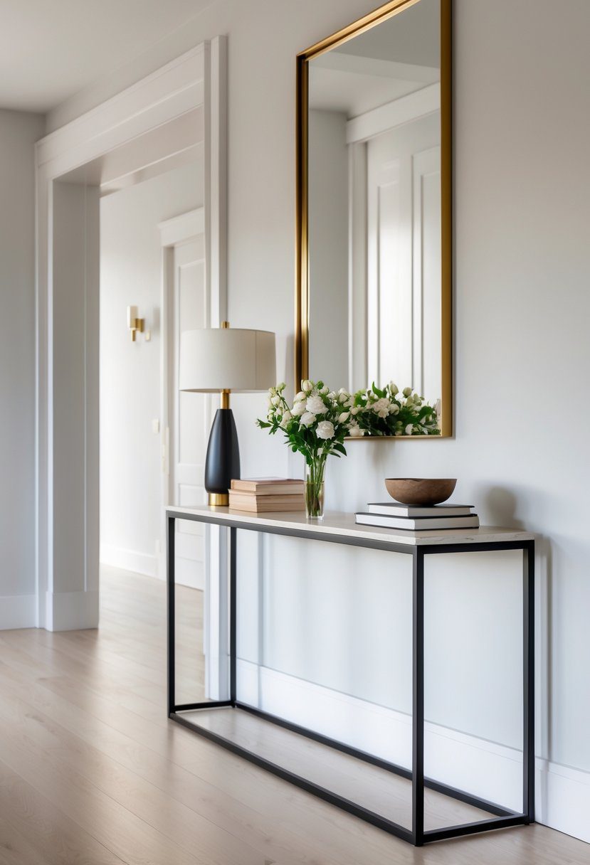 A slim console table with black metal and gold accents decorated with a vase, lamp, books, and a bowl in an entryway.