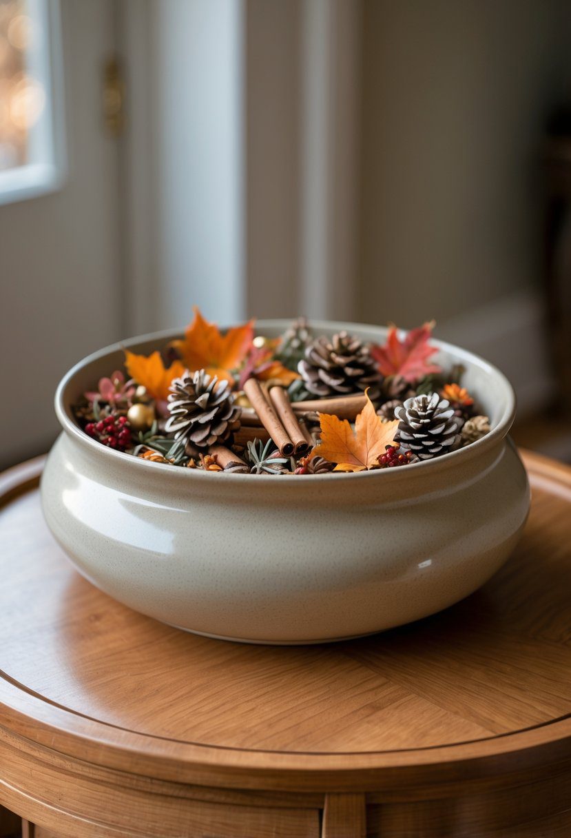 Ceramic bowl filled with seasonal potpourri on an entryway table.