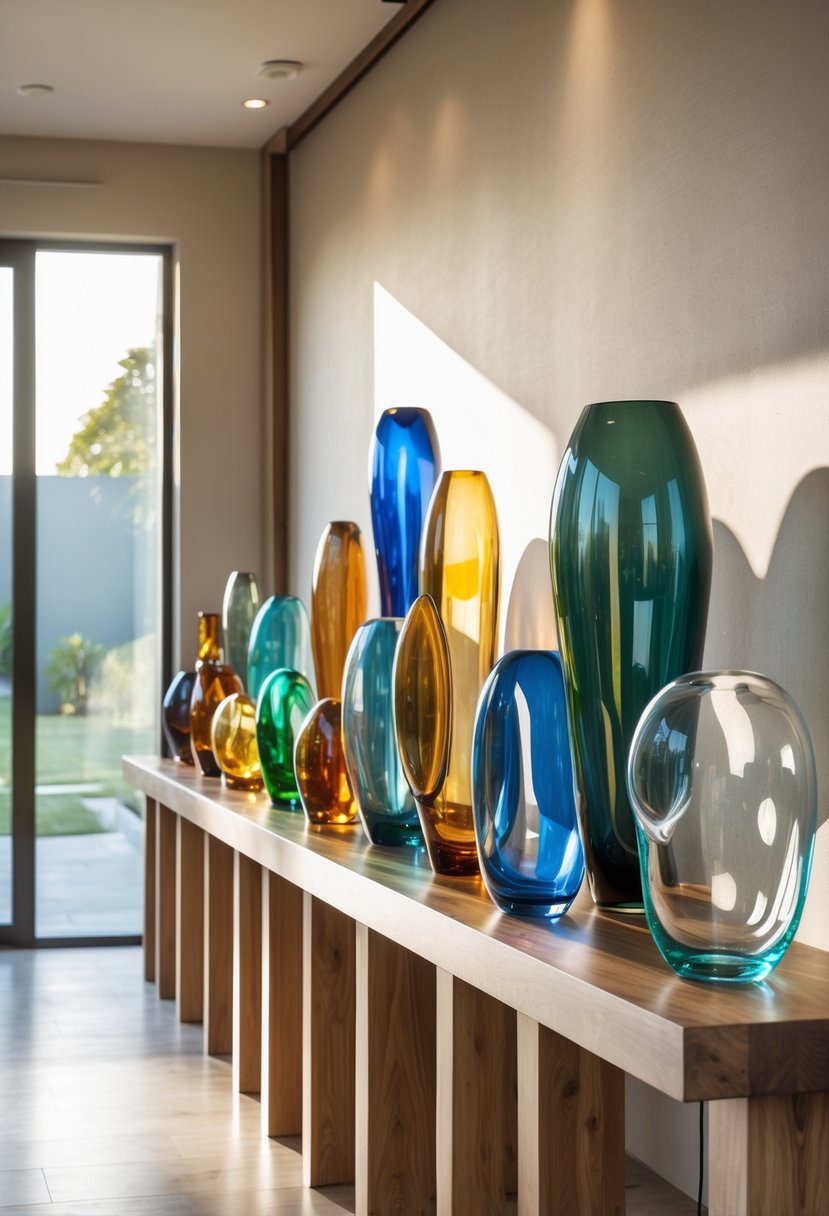 Entryway table decorated with sixteen colorful artisan glass sculptures arranged in layers.