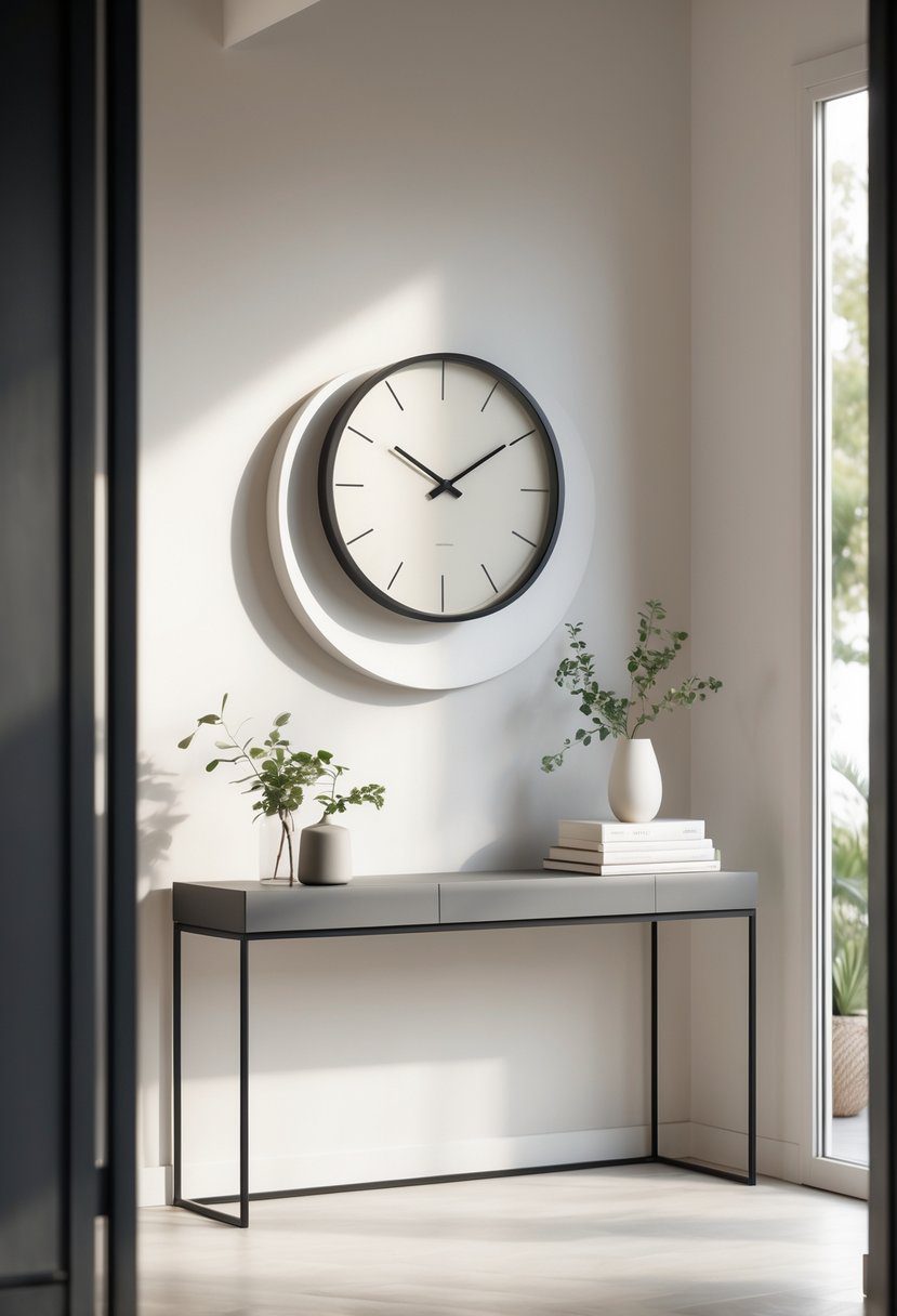 Entryway table with a small minimalist decorative clock and other simple decor items.