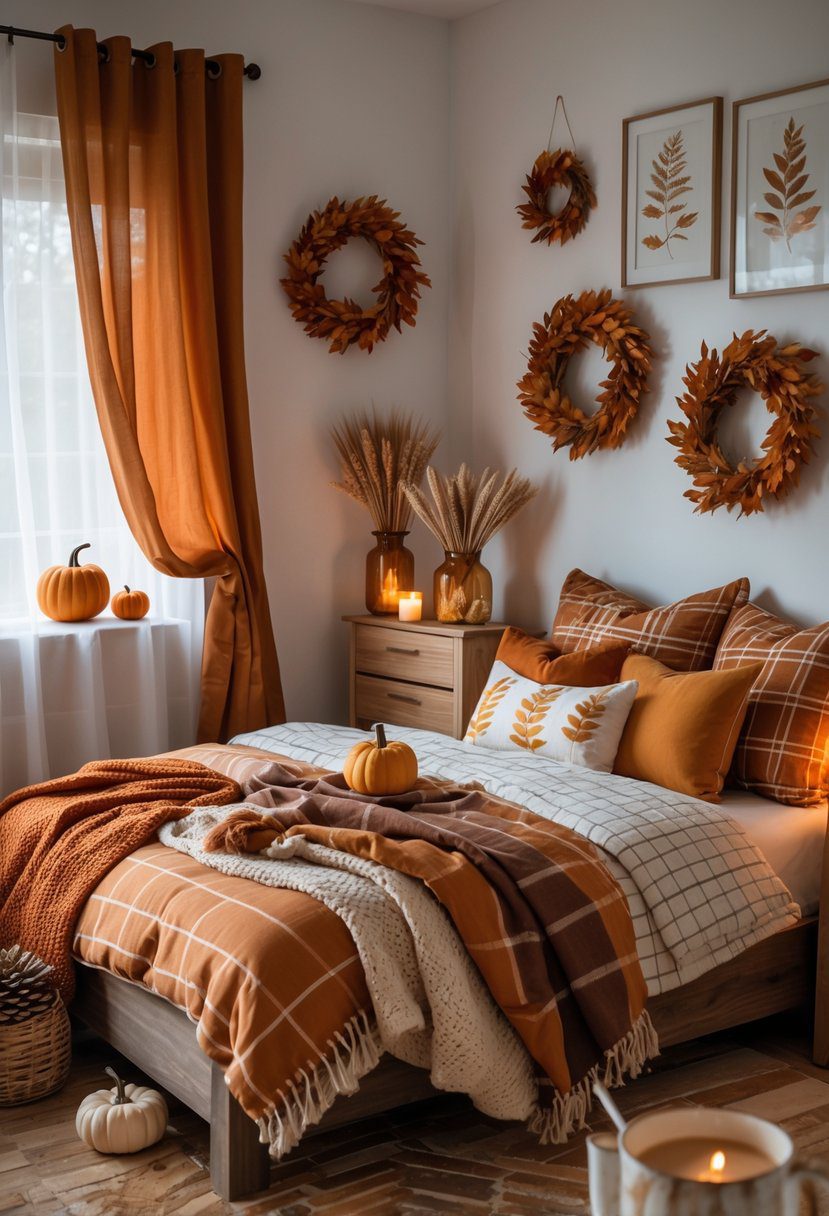 A cozy bedroom decorated with autumn-themed items including blankets, pillows, pumpkins, dried flowers, and candles.