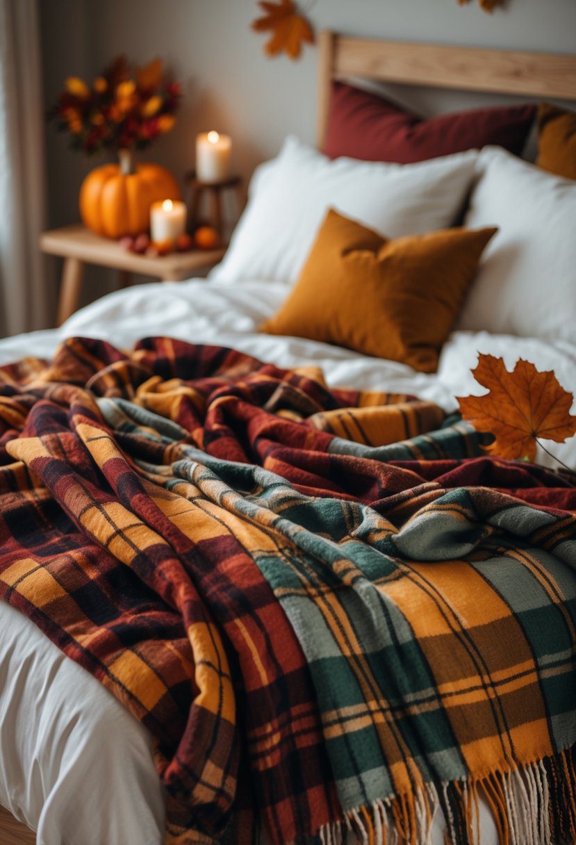 A bedroom with a bed layered with several cozy plaid throw blankets in autumn colors and fall-themed decorations around.