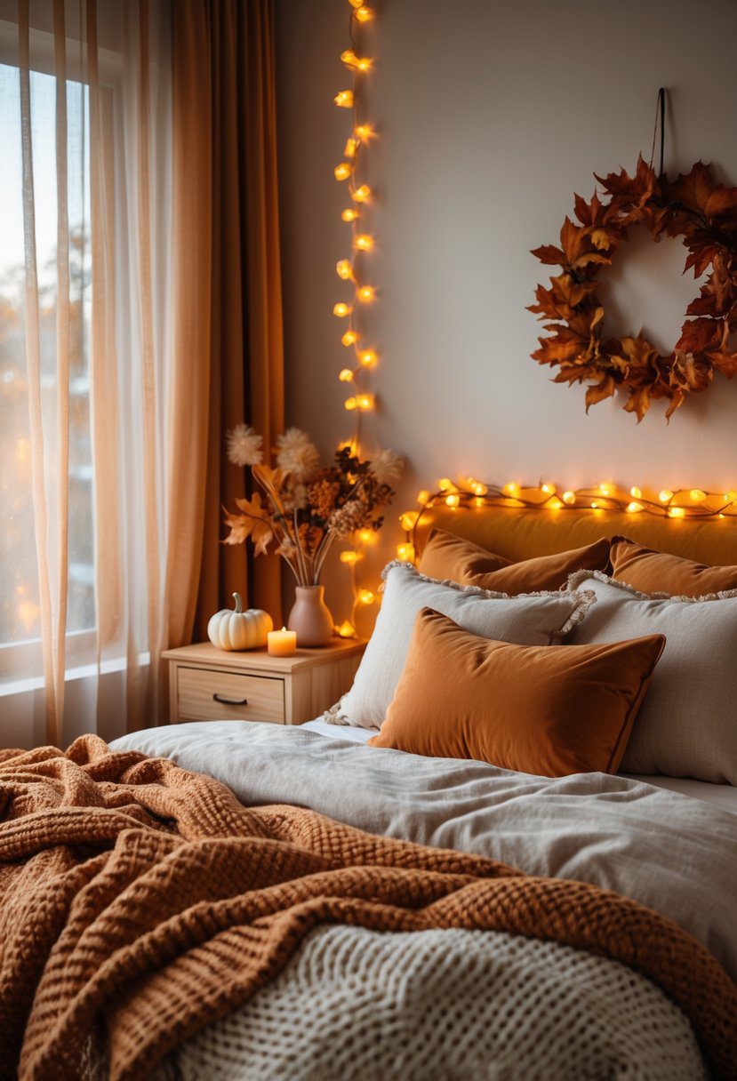 A bedroom decorated with warm amber string lights, autumn decorations, and a cozy bed with pillows and blankets.