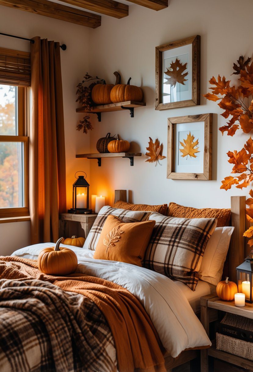A bedroom decorated for fall with rustic wooden picture frames on the walls and shelves, warm bedding, pumpkins, dried leaves, and soft natural light.