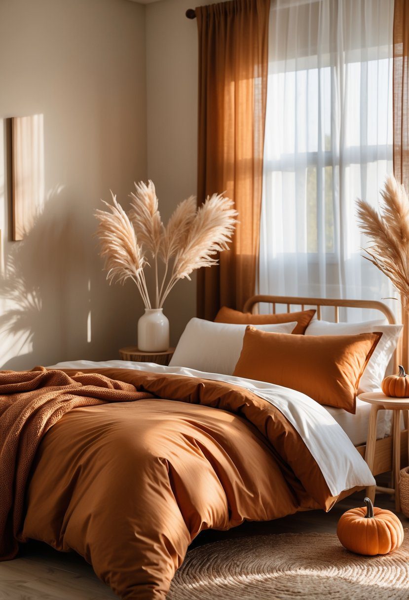 A bedroom with burnt orange bedding, wooden furniture, and autumn-themed decorations including dried plants and a small pumpkin.