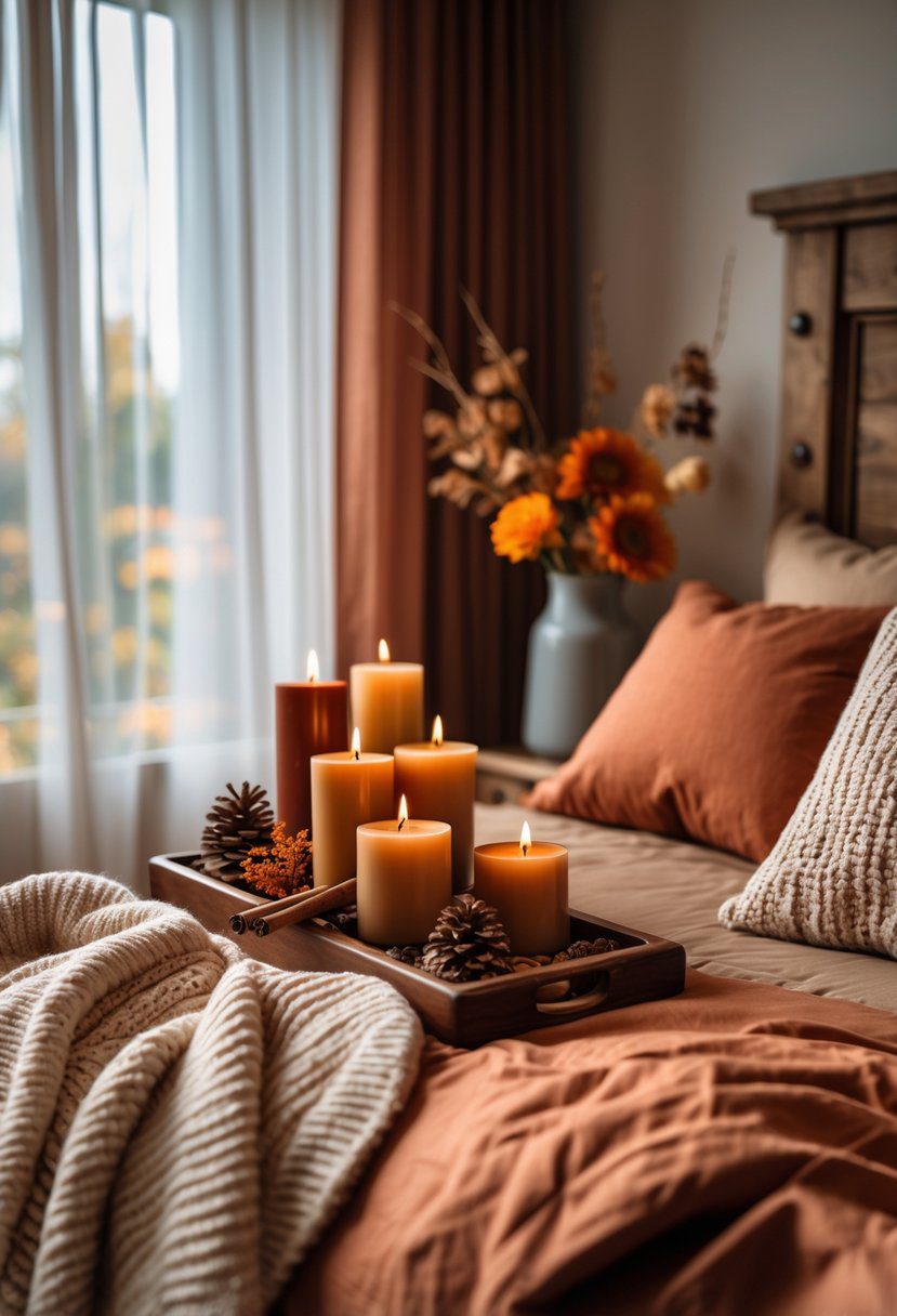 A cozy bedroom with warm fall colors, scented candles, cinnamon sticks on a bedside table, and autumn decorations.