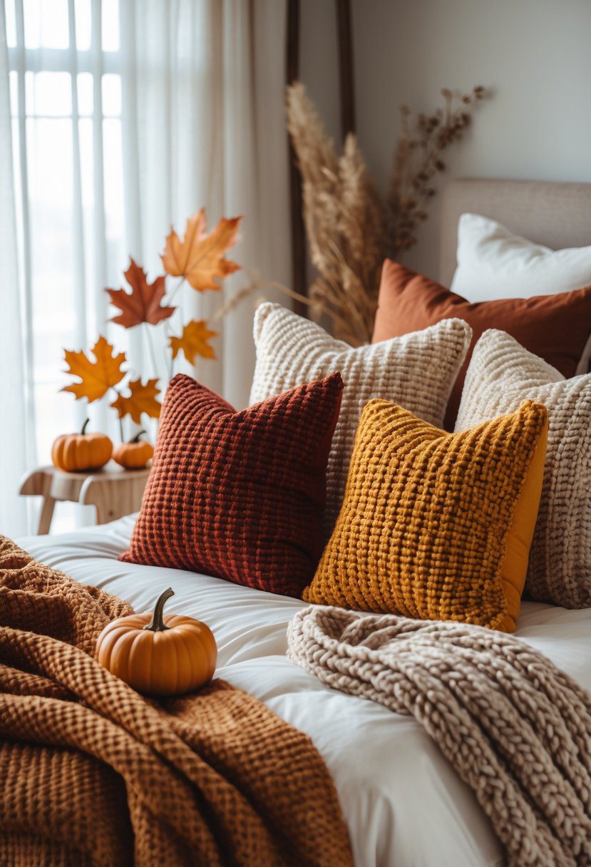 A bedroom with a bed decorated with textured knit pillows and fall-themed accents like small pumpkins and dried leaves.